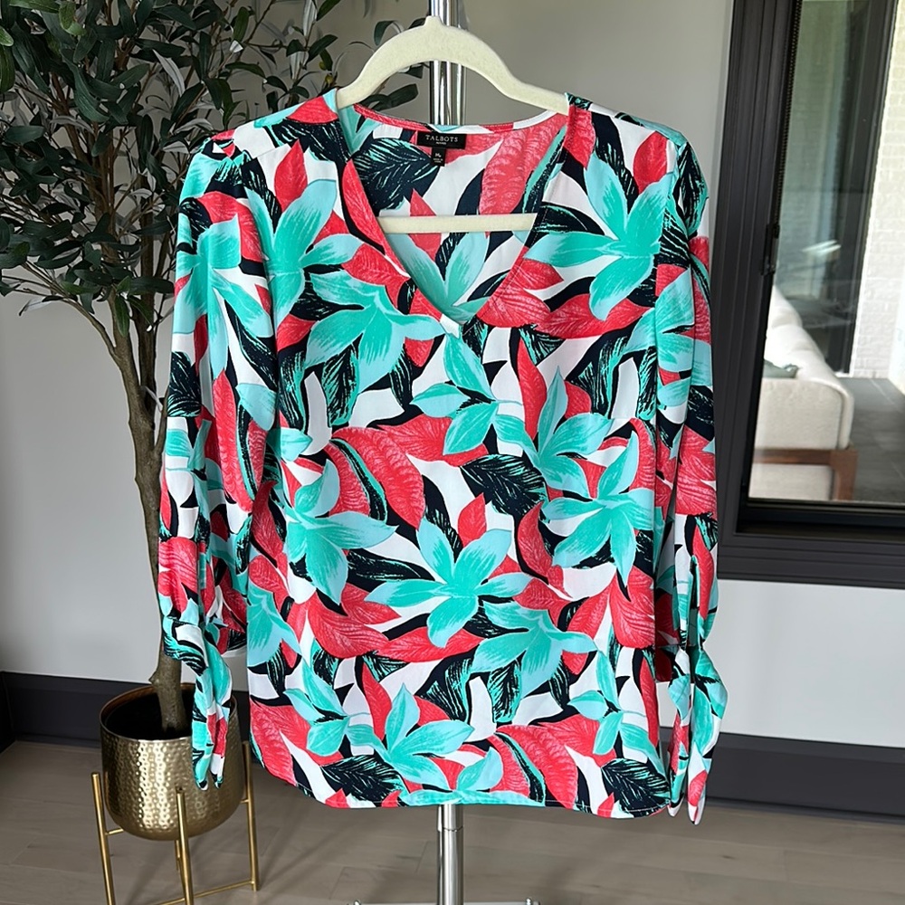 Talbots Blue and Pink Graphic Long Sleeve Blouse